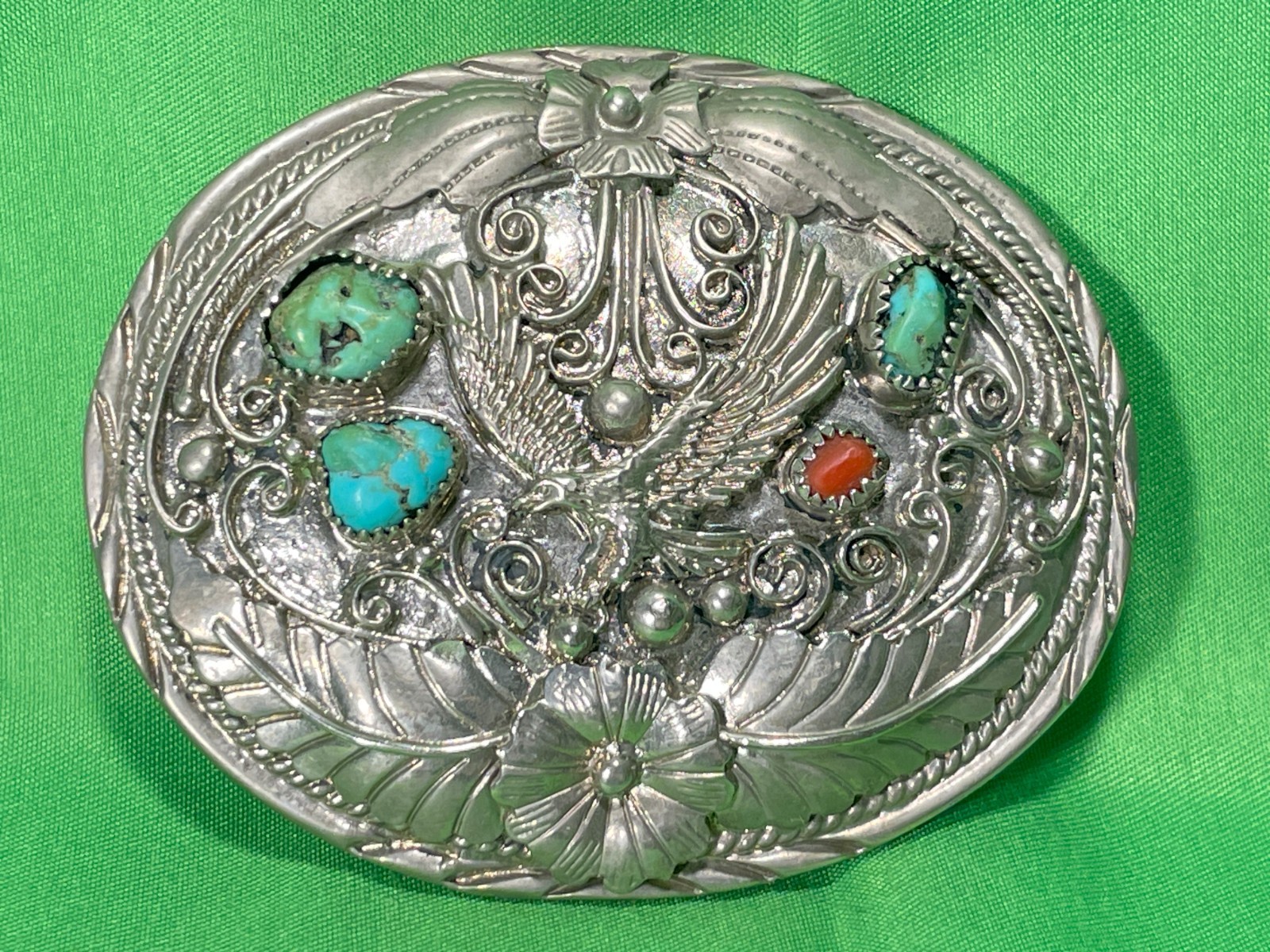 S.S.I. Southwest Silver Inc USA Eagle and Flower Belt Buckle Turquoise/Coral