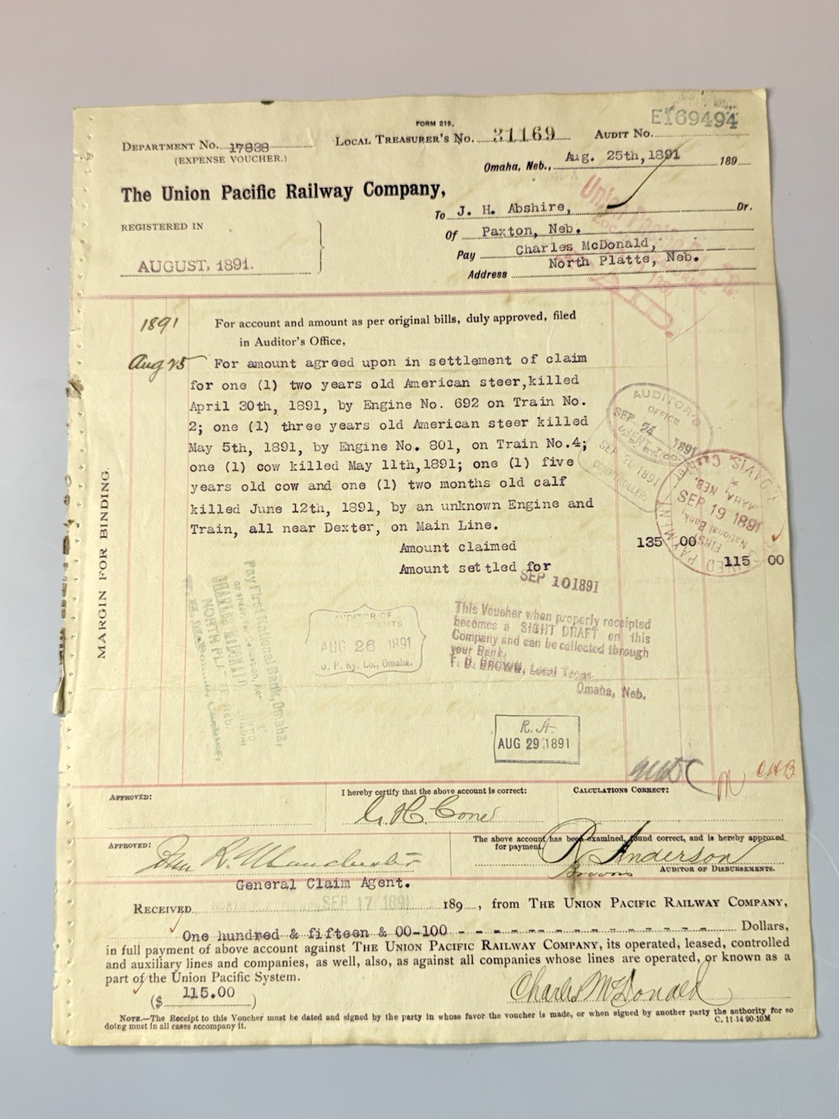 1891 Union Pacific Railway Nebraska Livestock Claim Railroad Document