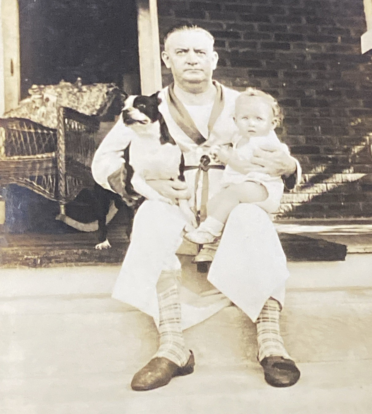1920s Man in Robe & Slippers w/ Boston Terrier Dog & Cute Baby on Lap Orig Photo