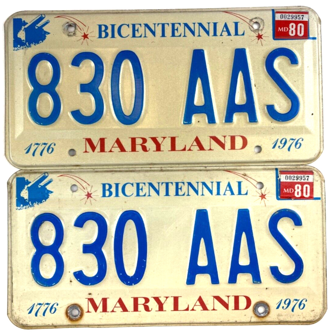 Maryland 1980 Bicentennial License Plate Set Garage Vintage Pub Decor Collector