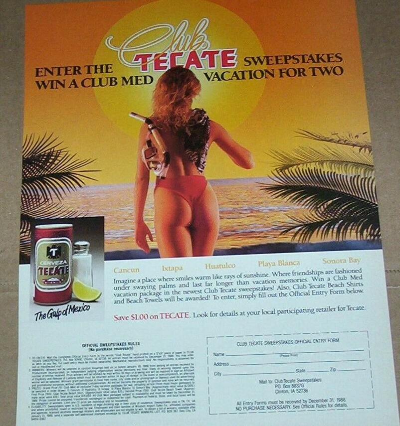 1988 print ad - Tecate Beer sexy girl butt Club Tecate sweepstakes advertising