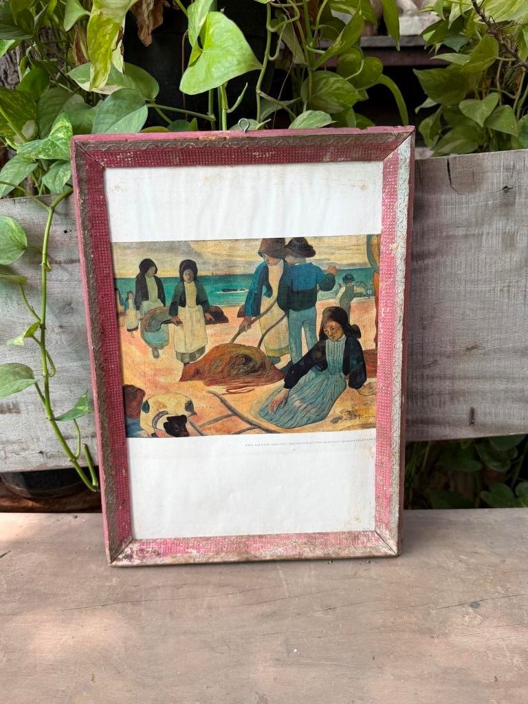 Vintage Folk Art Coastal Village Scene Framed Picture Home Decor 15\