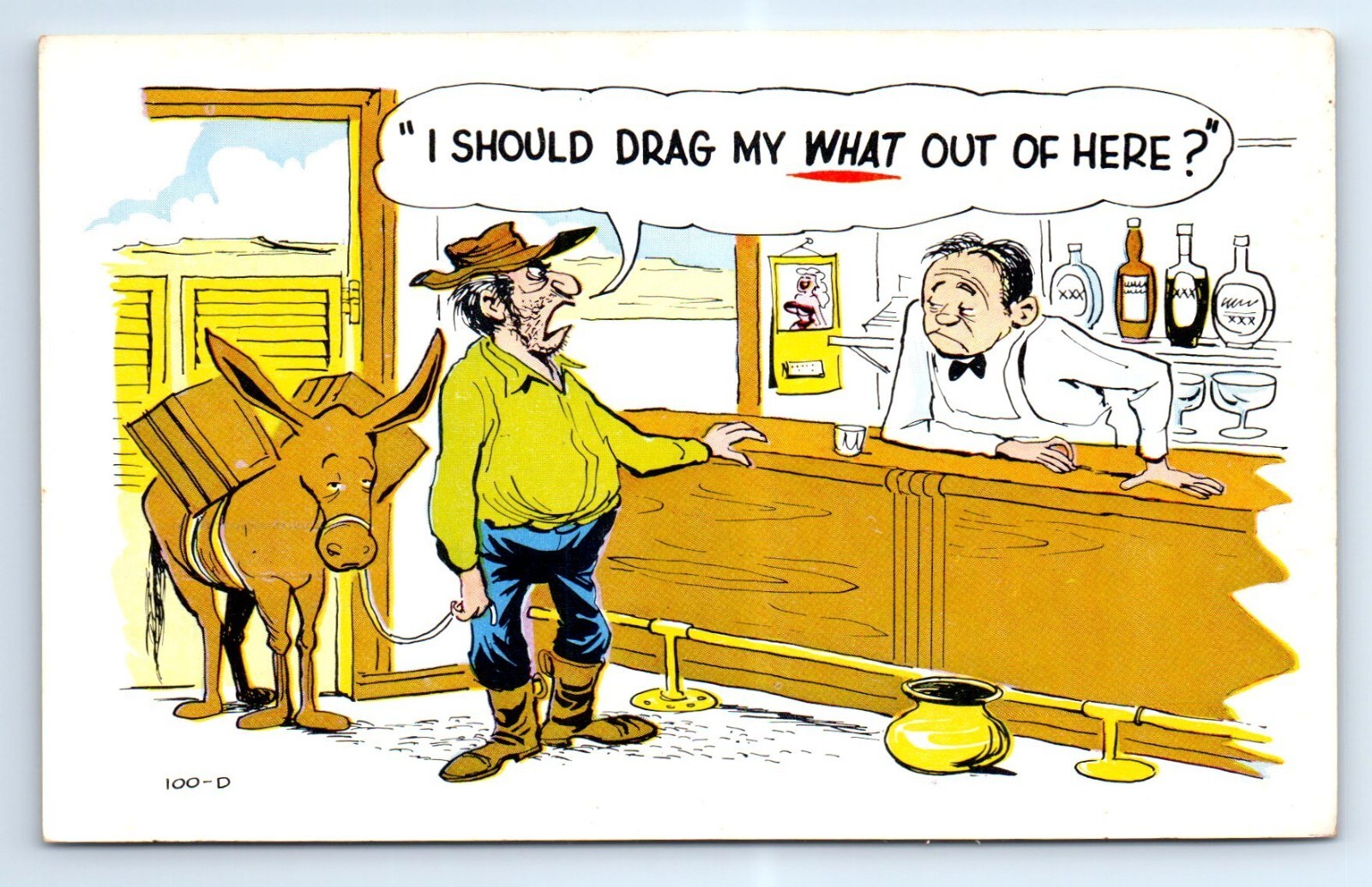 Man Donkey Bar DRAG MY WHAT OUT OF HERE? Comic Joke Postcard c.1950 Laff Gram