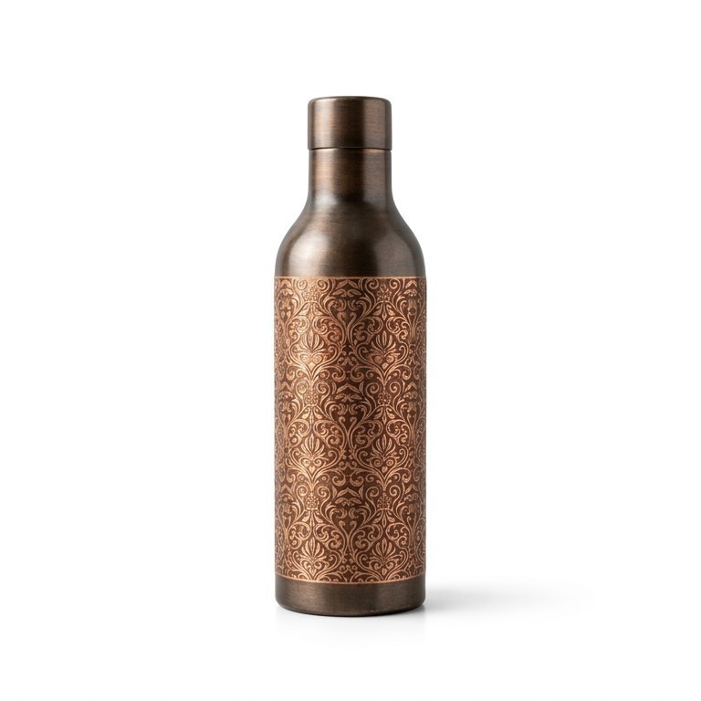 700ml Engraved Copper Water Bottle Antique Finish Floral Pattern India