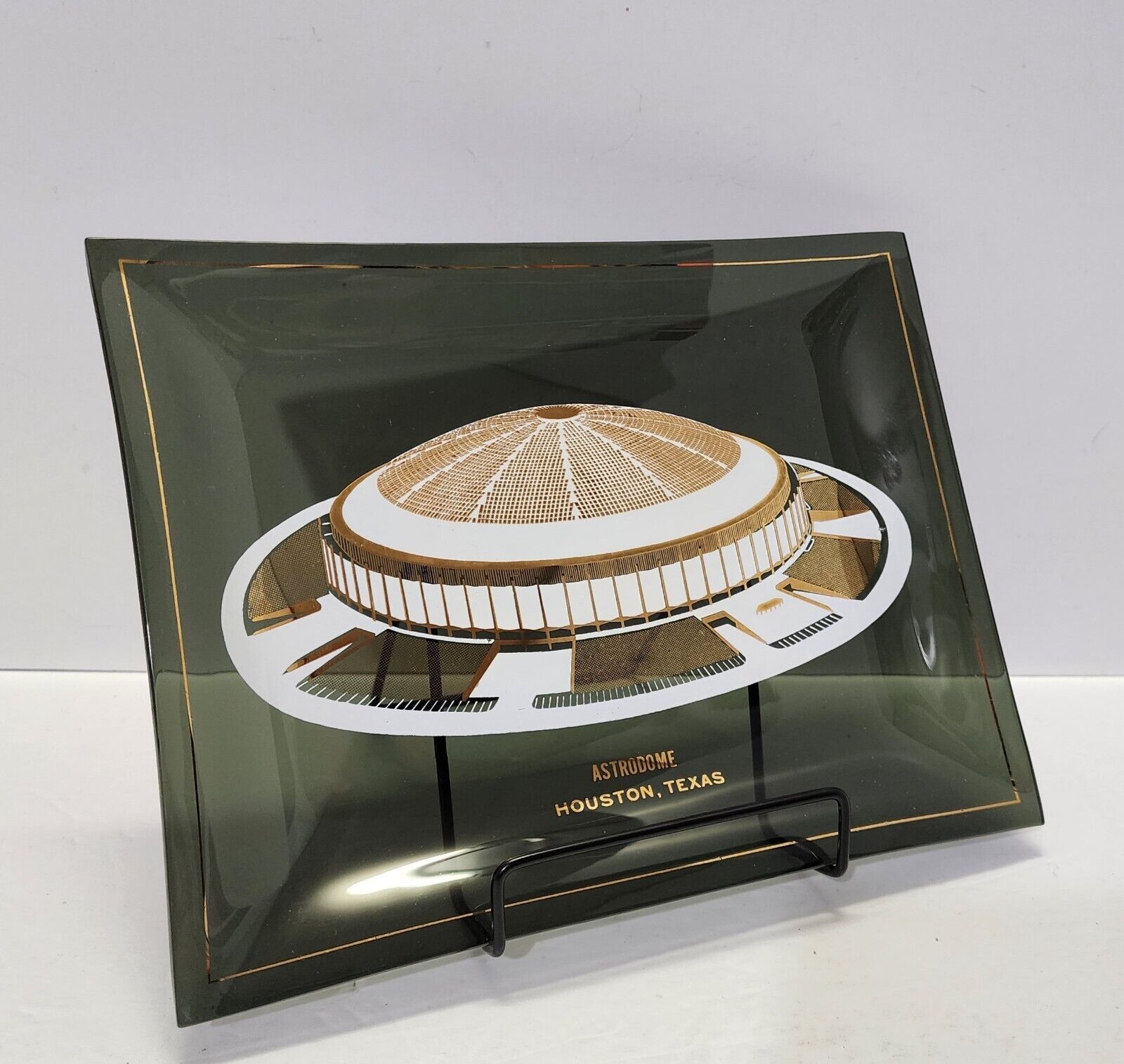 Vintage Astrodome Houston Texas, Smoked Glass Souvenir Plate With Stand