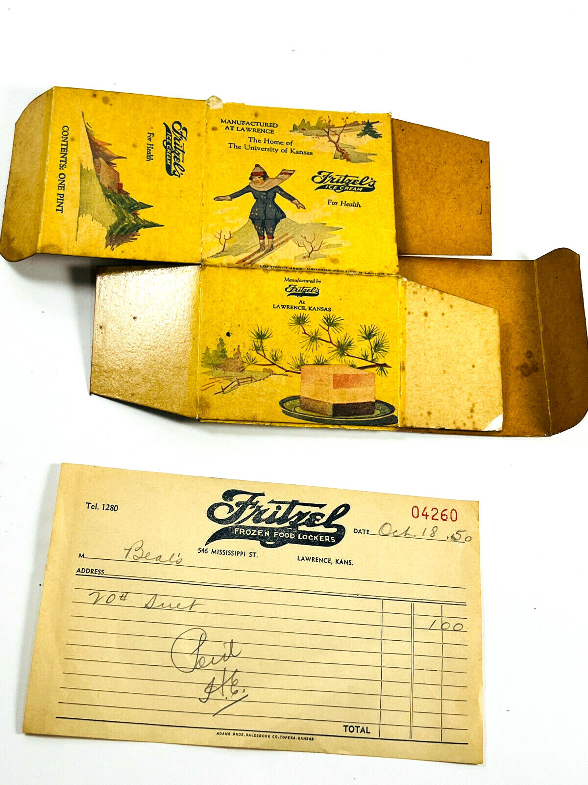 Antique 1920\'s Fritzel Ice Cream Box Lawrence University of Kansas KS KU adverti