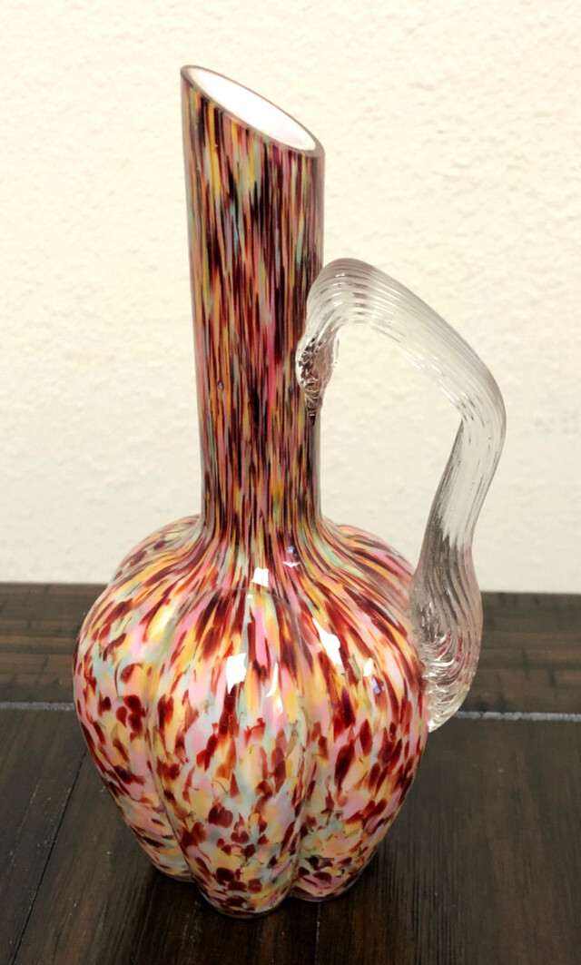 Antique Blown Cased Splatter Art Glass Pitcher Vase/Applied Ribbed Handle