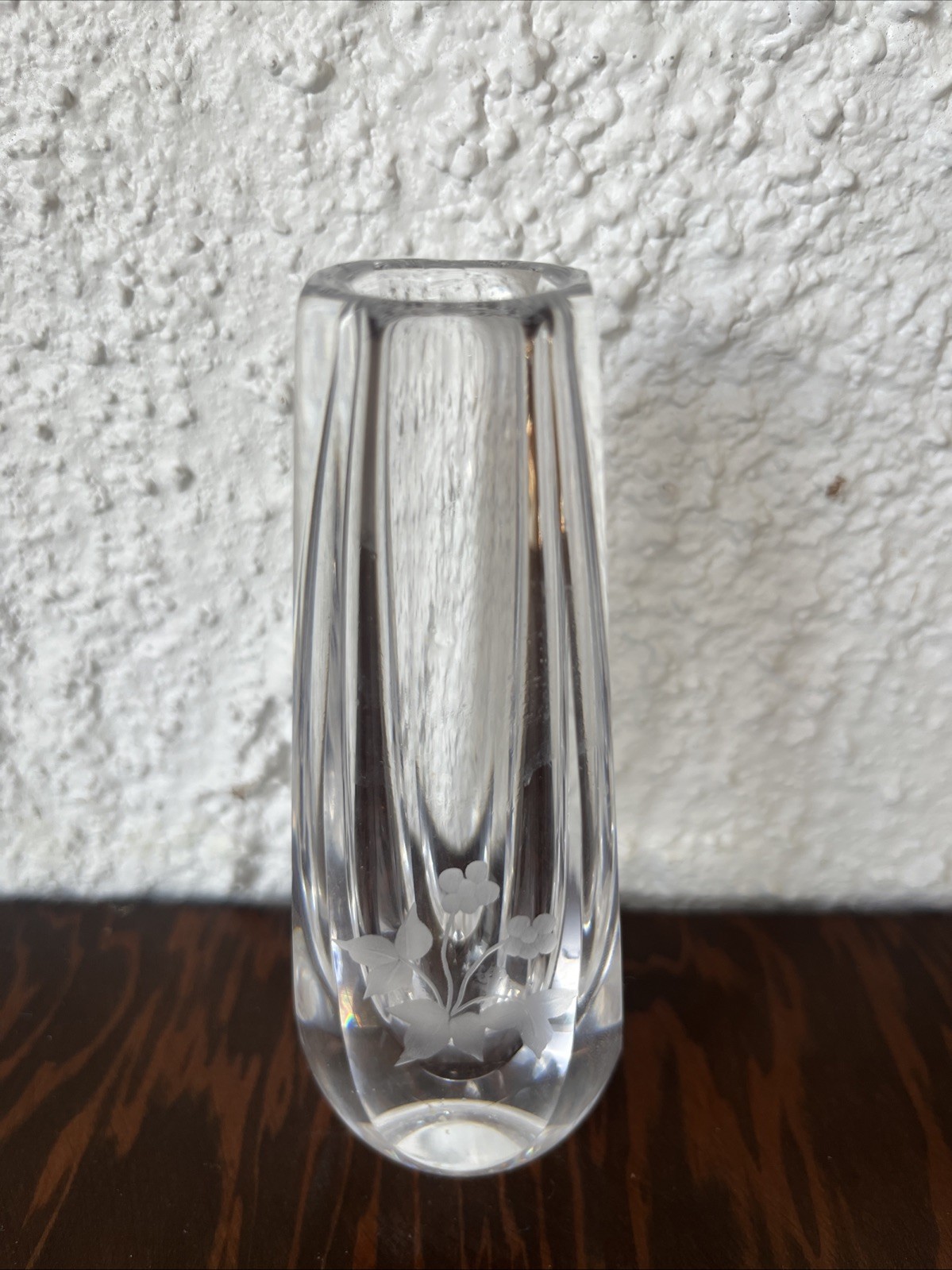 Vintage Orrefors Sweden Crystal Bud Vase Engraved Flowers Signed 5in