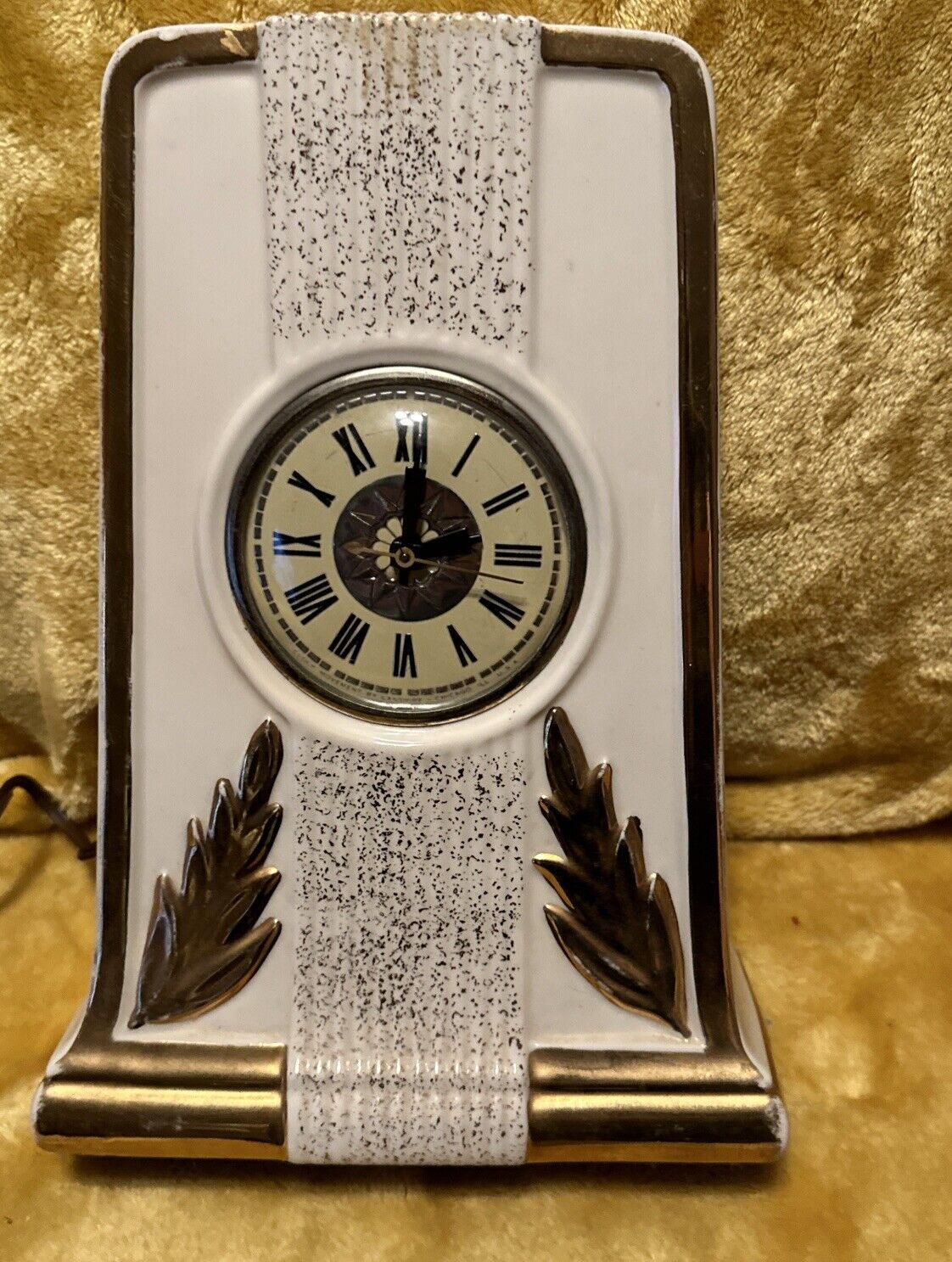 Lanshire Art Deco Porcelain LeMieux Mantle Clock Starburst Dial 22K Gold Trim 