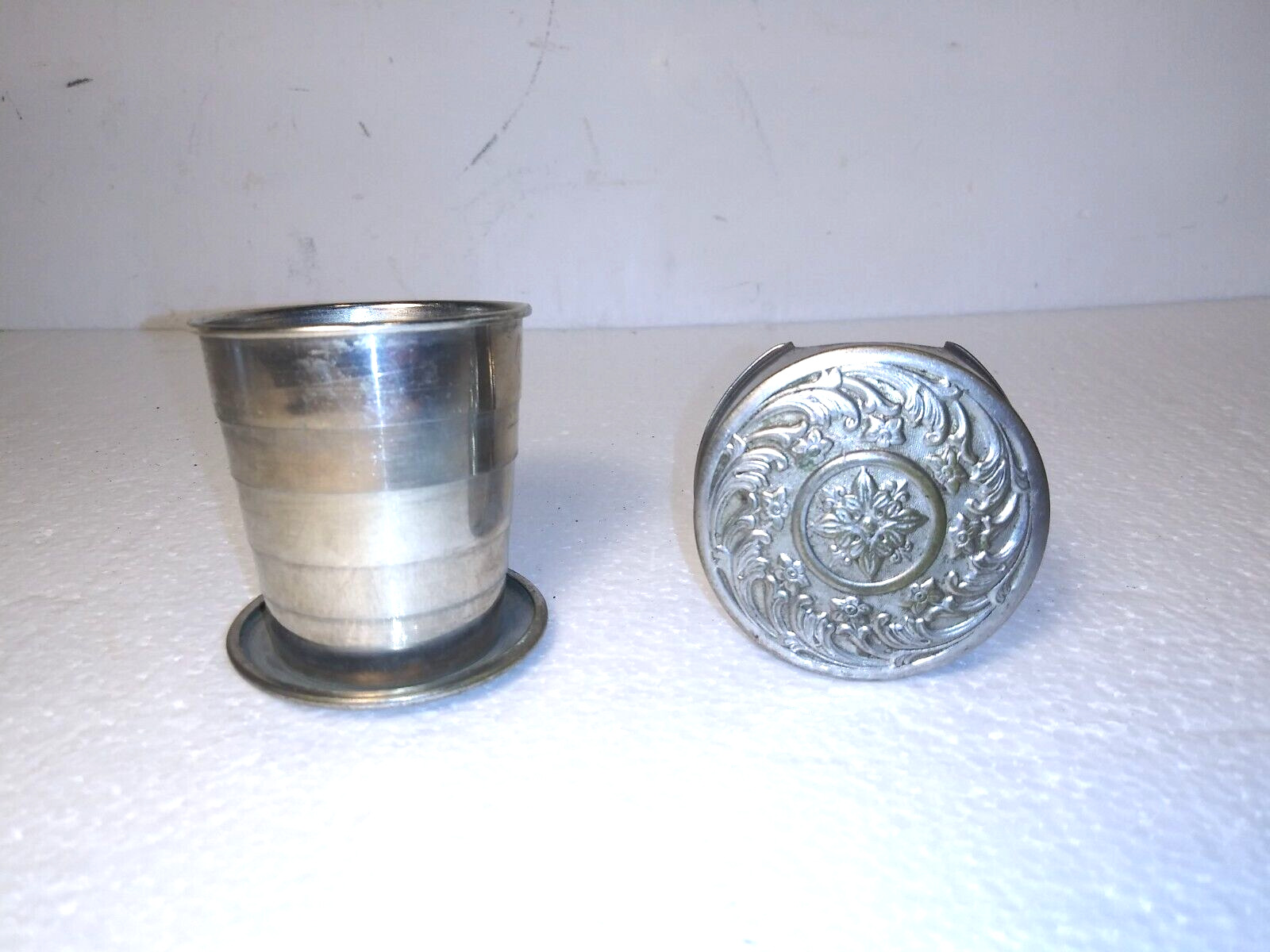 Collectible Victorian Era Silver Over Brass Collapsible Cup With Lid 