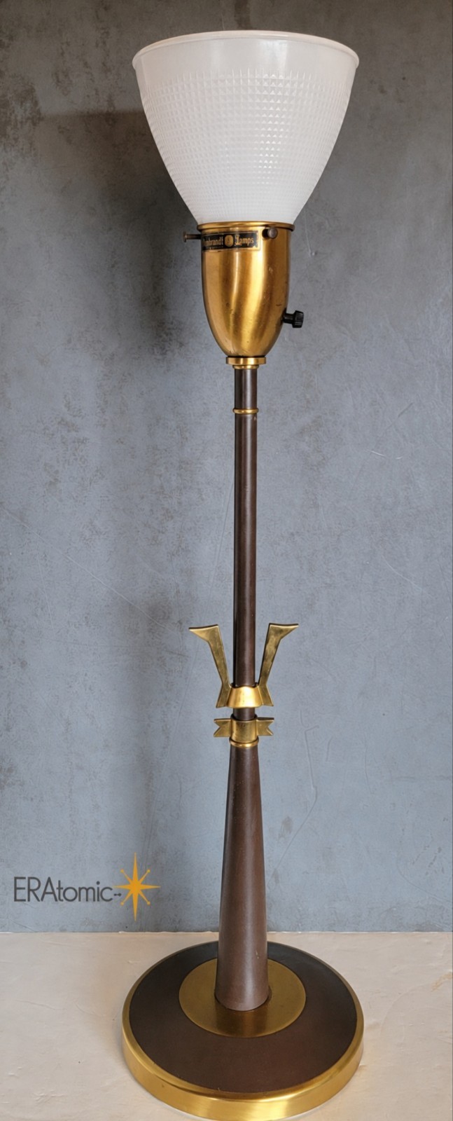 Vintage MCM 1950s Rembrandt Tall Brass Trident Lamp Glass Diffuser 27.5