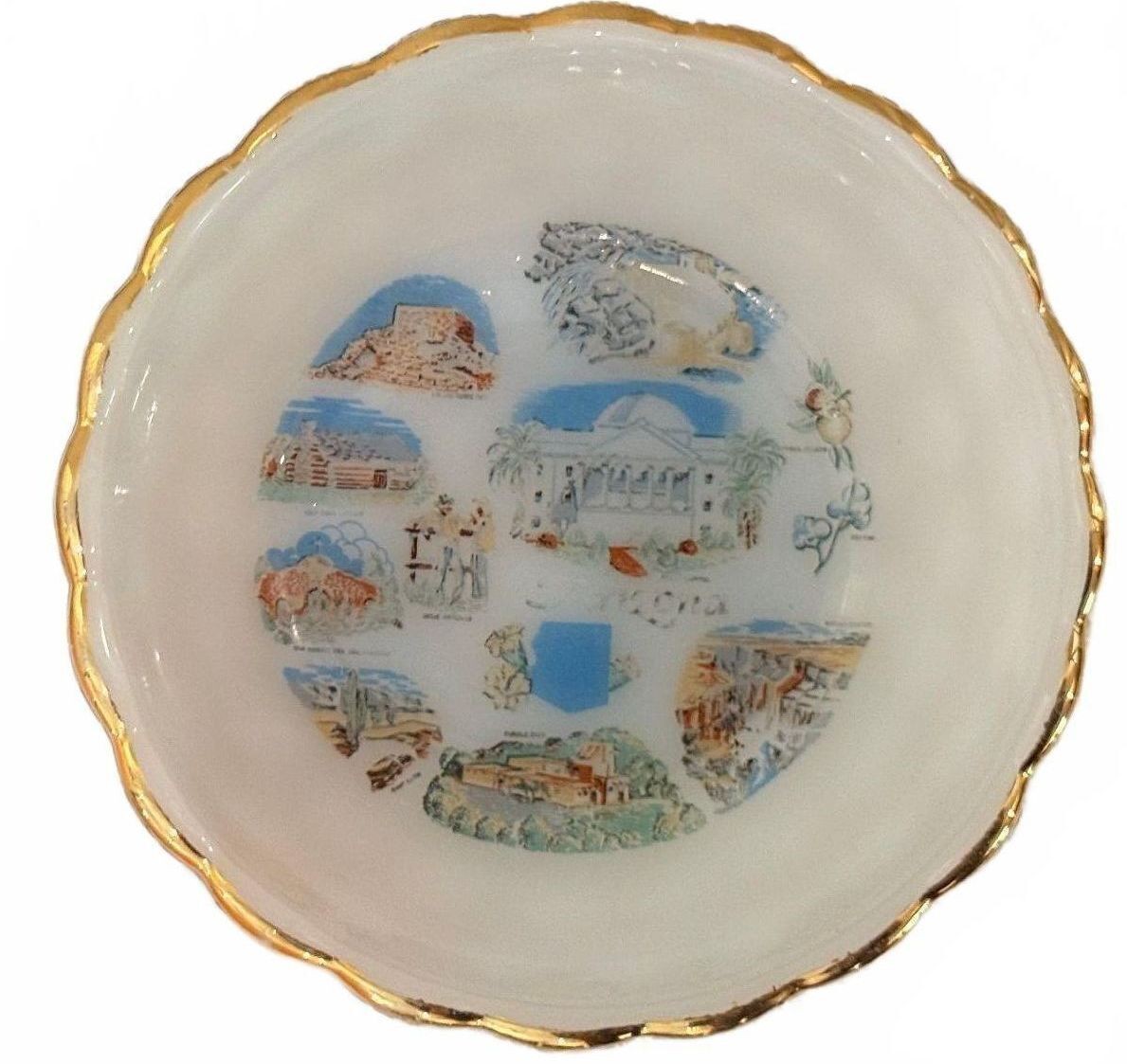 Vintage Mid-Century Arizona State Landmark Souvenir Dish - Scalloped Gold Rim