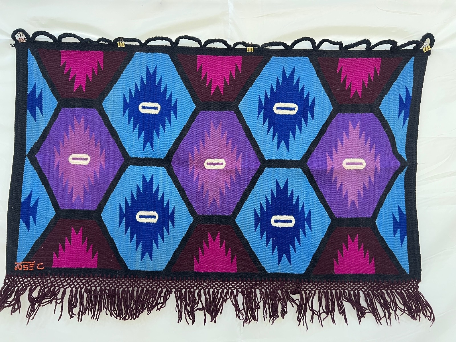 Vintage Peruvian Wool Rug Tapestry Geometric Diamond Folk Art Jose Cotacachi