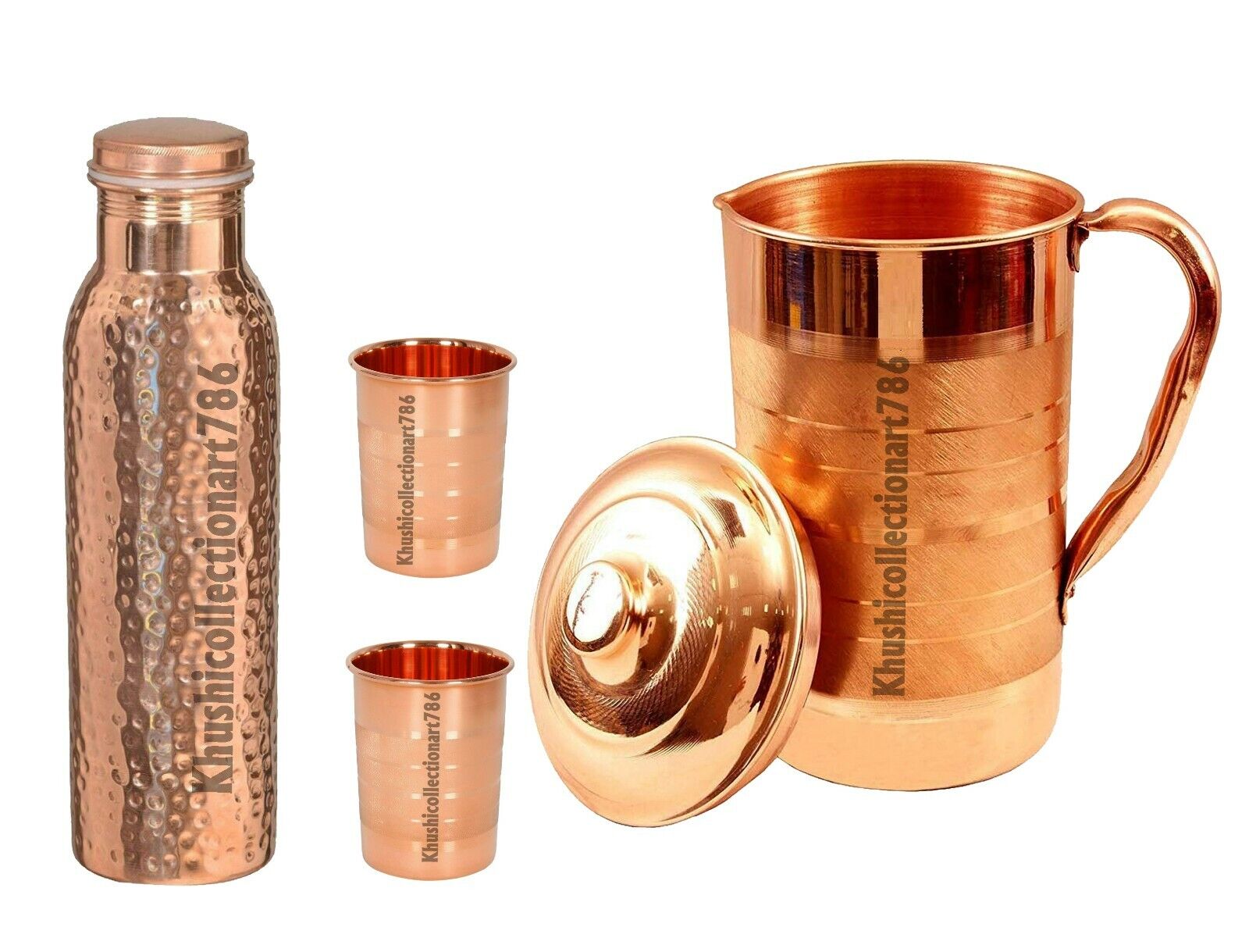 Hammered Copper Water Bottle Water Storage Drinking Pitchers Jug 2 Tumbler Glass