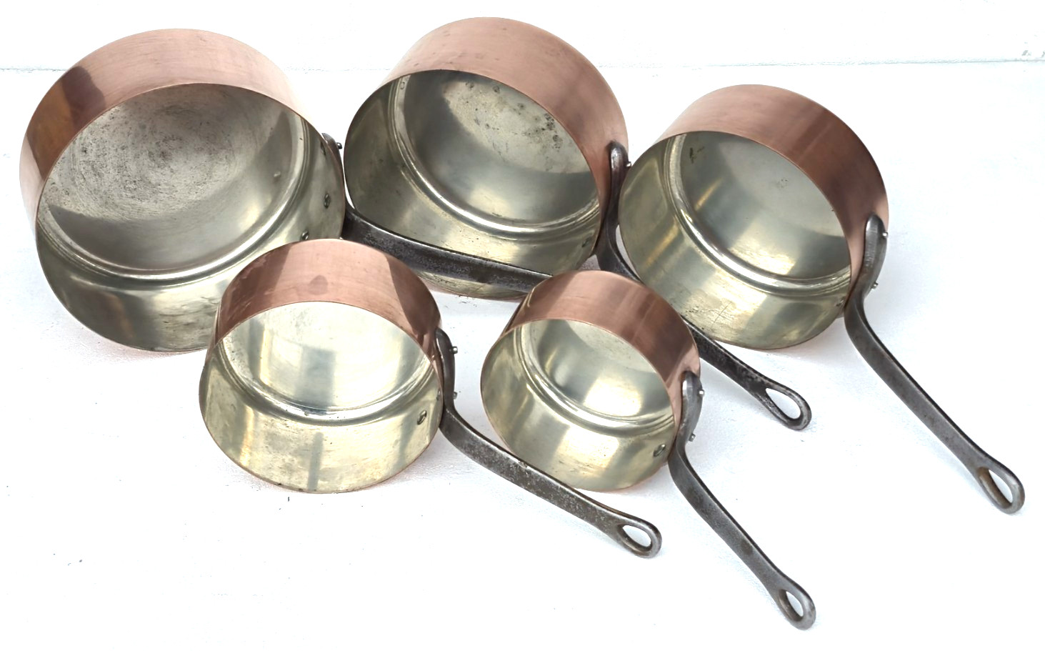 Vintage French Copper Pan Set of 5 Made in France Great Tin Lining 9.9lbs Vintage French Copper Pan Set of 5 Made in France Great Tin Lining 9.9lbs