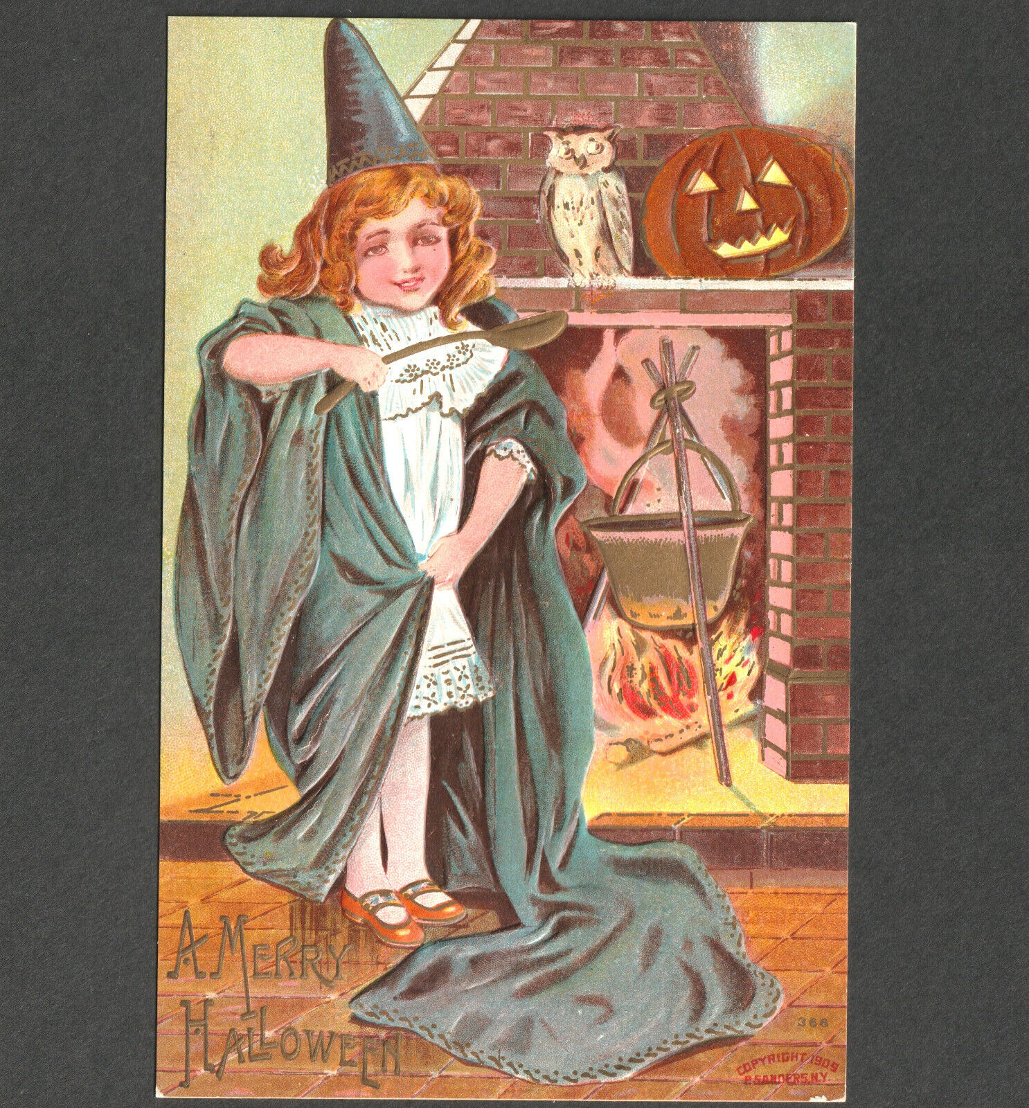 Antique 1909 A Merry Halloween Cute Witch Girl Owl JOL Sanders 366 SA1 PostCard