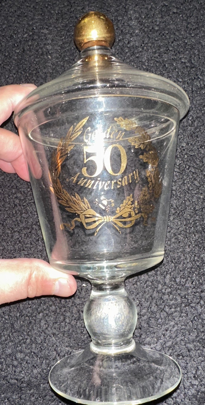 Vintage 50th Golden Anniversary Stemmed Candy Glass W/ Lid & Gold Knob 8”