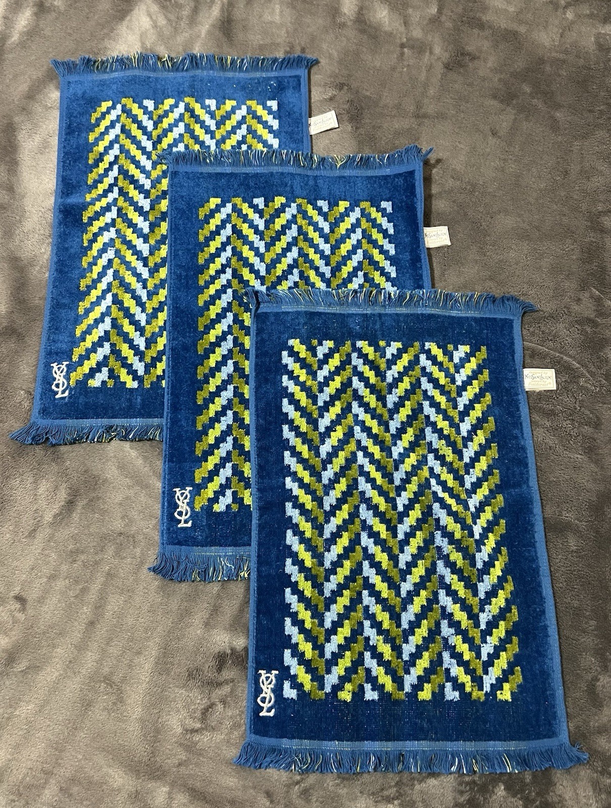 Vtg 70s Yves Saint Laurent Fieldcrest Hand Towel Set YSL Bl Gr Chevron Fringe 