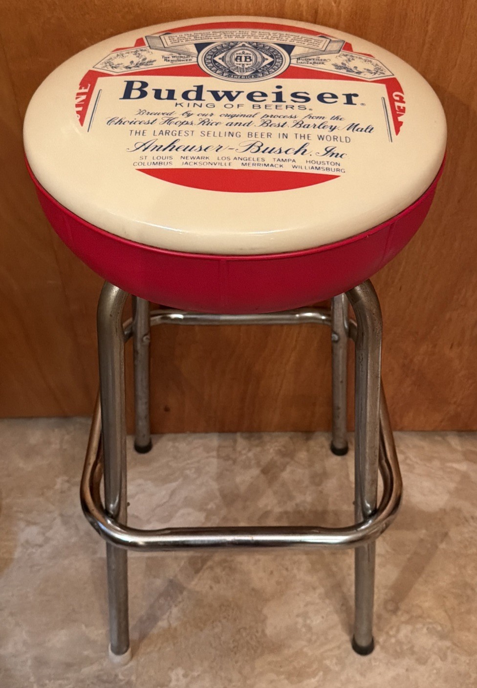 VTG 1970s Budweiser King of Beers Stationary Bar Stool Red Chrome Man Cave 