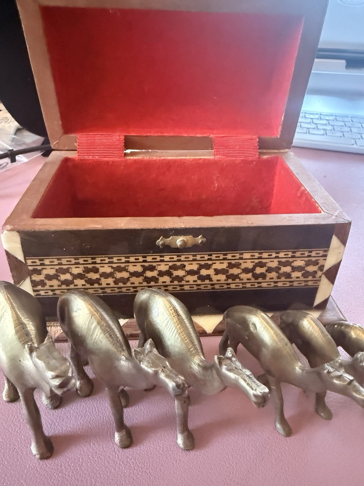 Antique Solid Brass Camel Figurine Set With Ornate Box