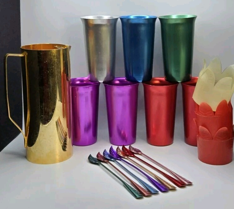 Vintage Valerio Albarello Gold Pitcher • Color Craft Cups • Stirrers • 18pc Set 