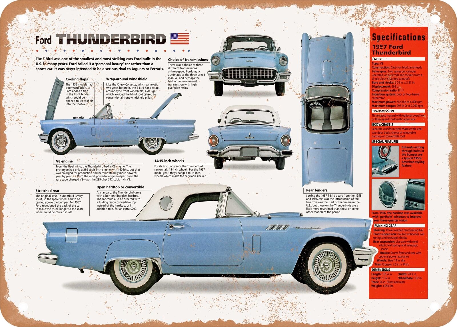Classic Car Art - 1957 Ford Thunderbird Spec Sheet - Rusty Look Metal Sign