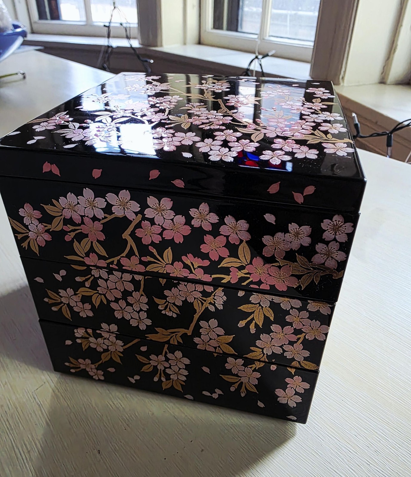 Black Sakura Hinamatsuri lacquerware authentic Japanese Bento Box
