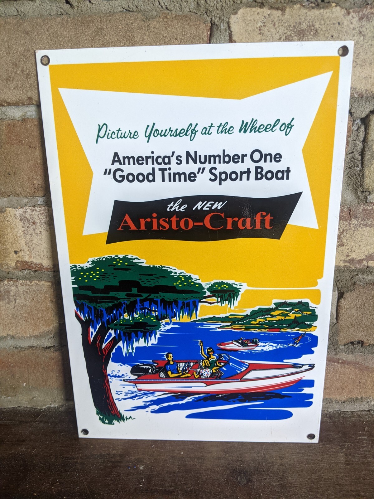VINTAGE ARISTO-CRAFT BOATS PORCELAIN SPORTING GOODS SIGN 12 VINTAGE ARISTO-CRAFT BOATS PORCELAIN SPORTING GOODS SIGN 12