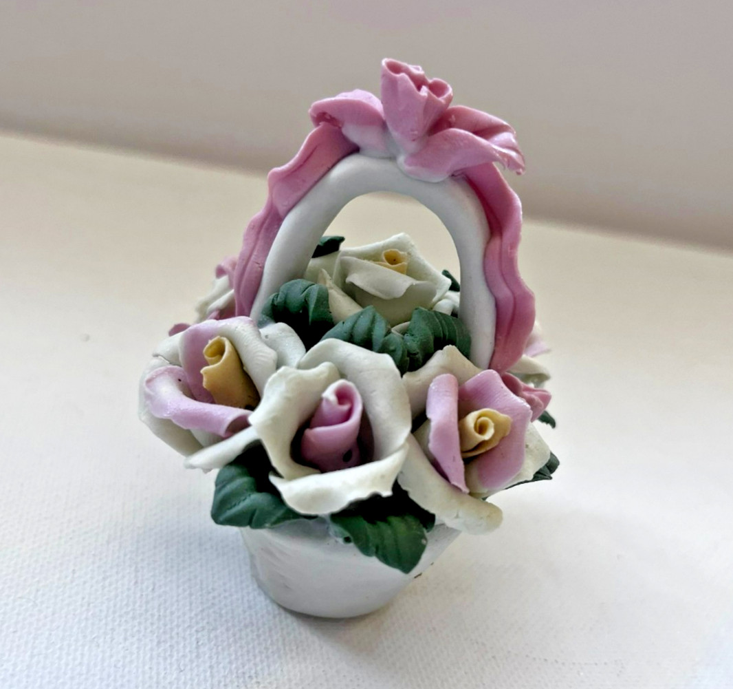 Vintage Porcelain Bisque Ceramic Flowers in a Basket Trinket 2.5\