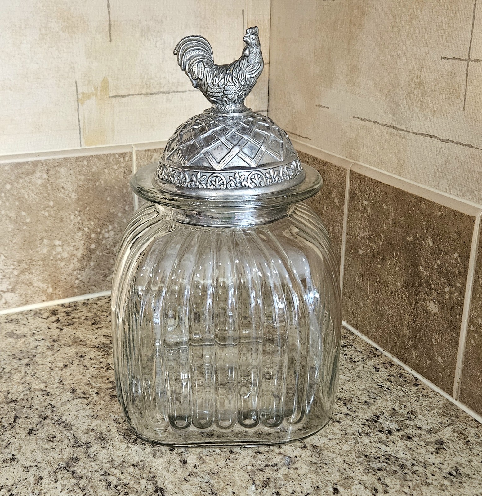 Vintage Artland  Ribbed Glass Canister with Rooster Lid Pewter Farmhouse