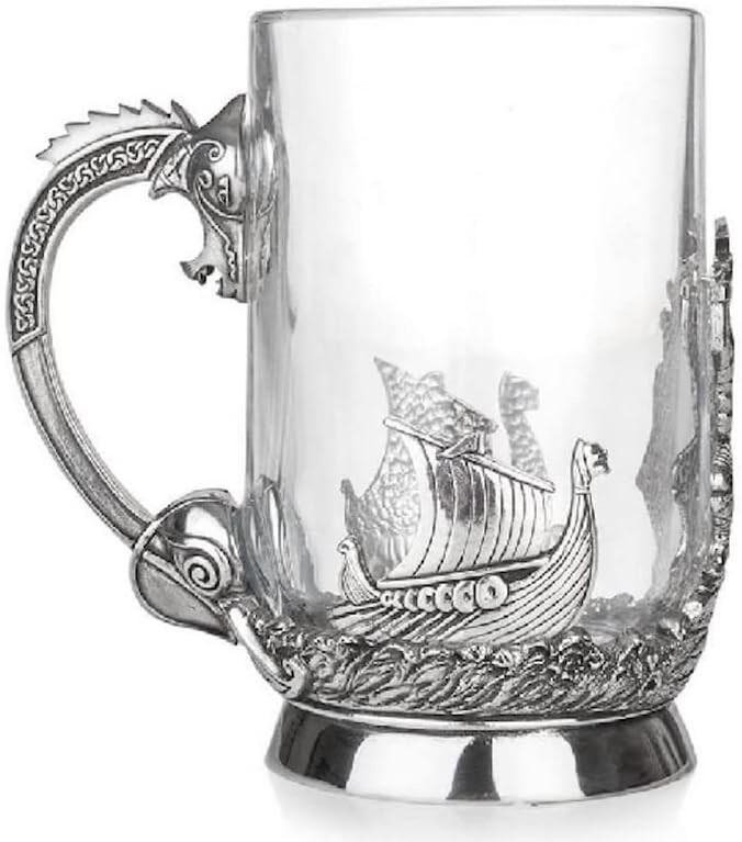 A E Williams Stunning Pewter &Glass Pint Tankard, Viking & Longship 2.36\