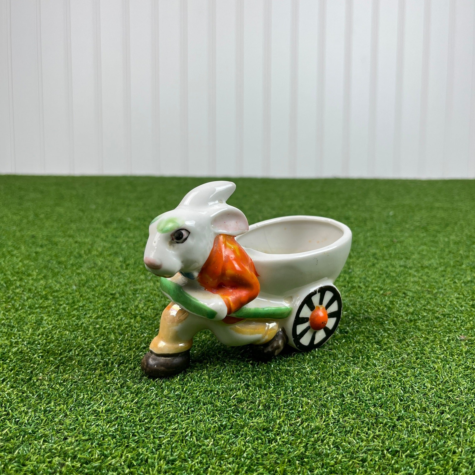Vintage Ceramic Bunny Pulling Cart Japanese Planter Figurine