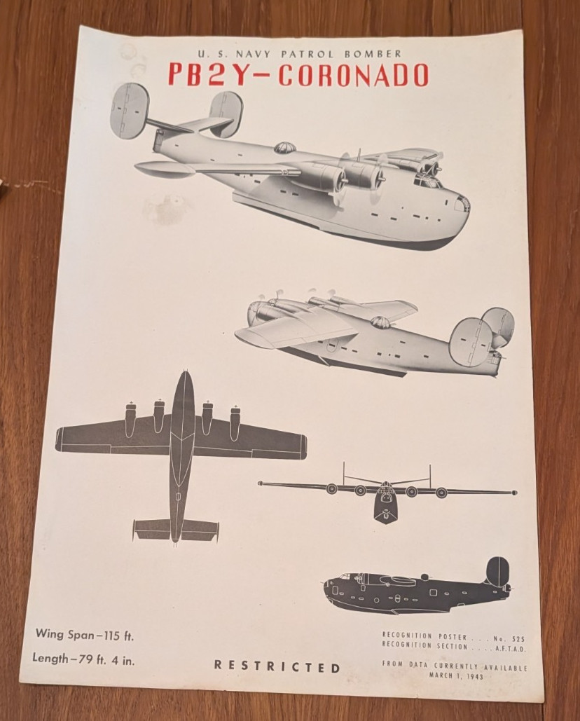PB2Y Coronado US Navy Boat Patrol Bomber Recognition Poster No 525 March 1943