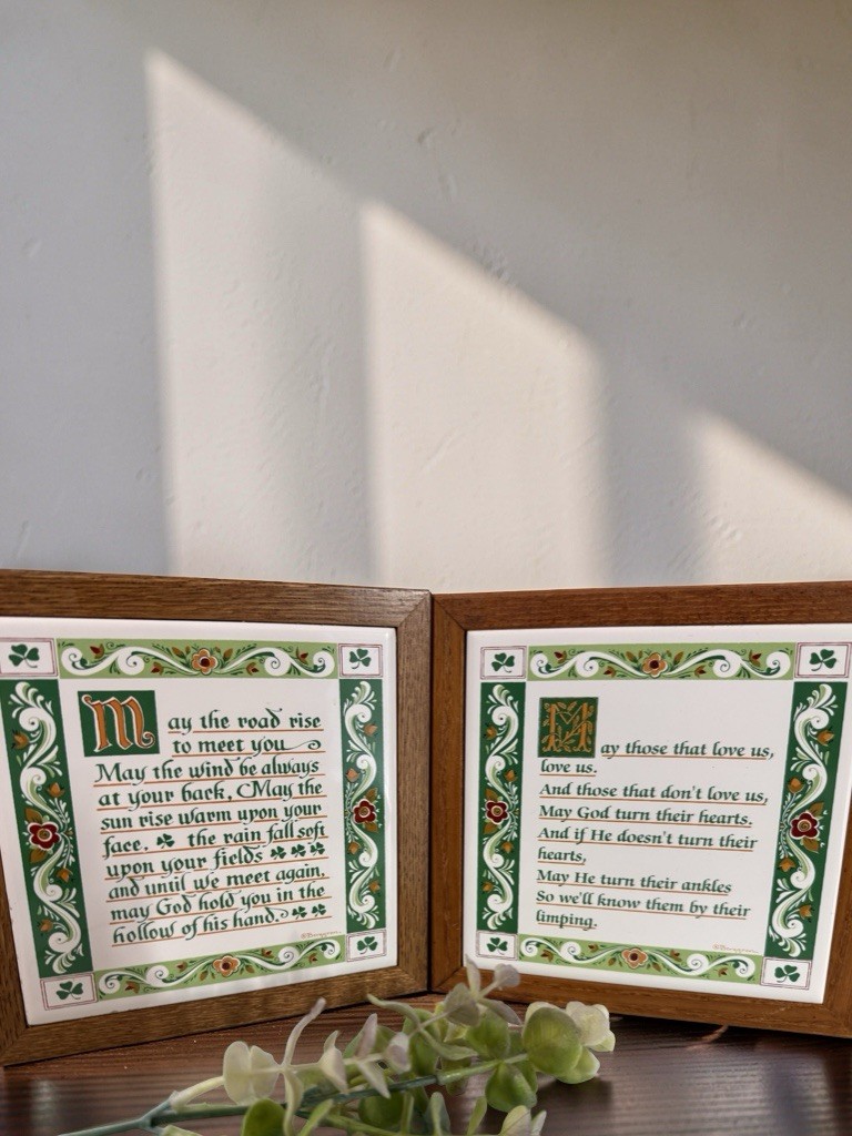 Vintage MCM Berggren ceramic trivet / wall plaque Irish Blessings Set