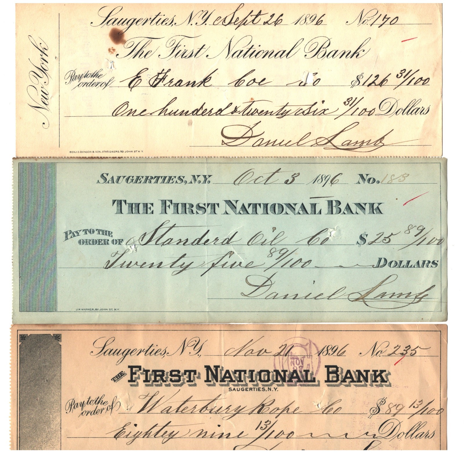 THREE OLD USED CHECKS FROM 1896 SAUGERTIES NEW YORK