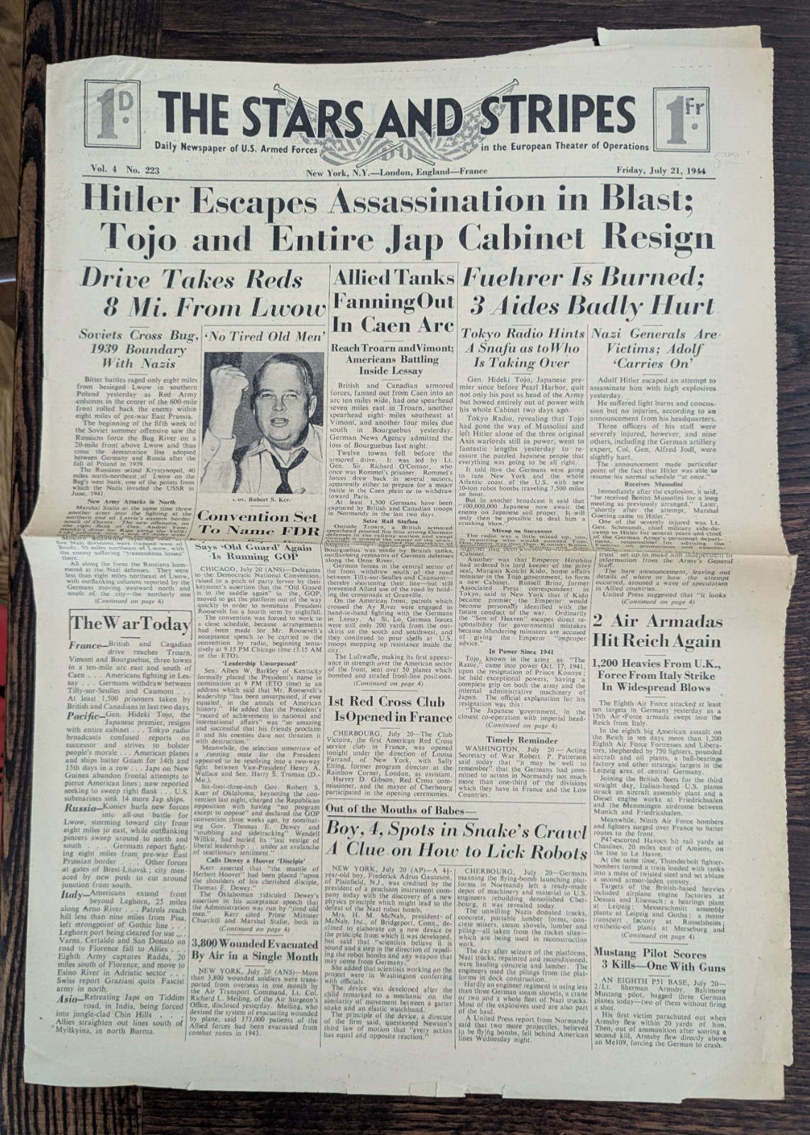 Stars & Stripes Newspaper July 21 1944 Operation Valkyrie Attempt on Hitler WWII Stars & Stripes Newspaper July 21 1944 Operation Valkyrie Attempt on Hitler WWII