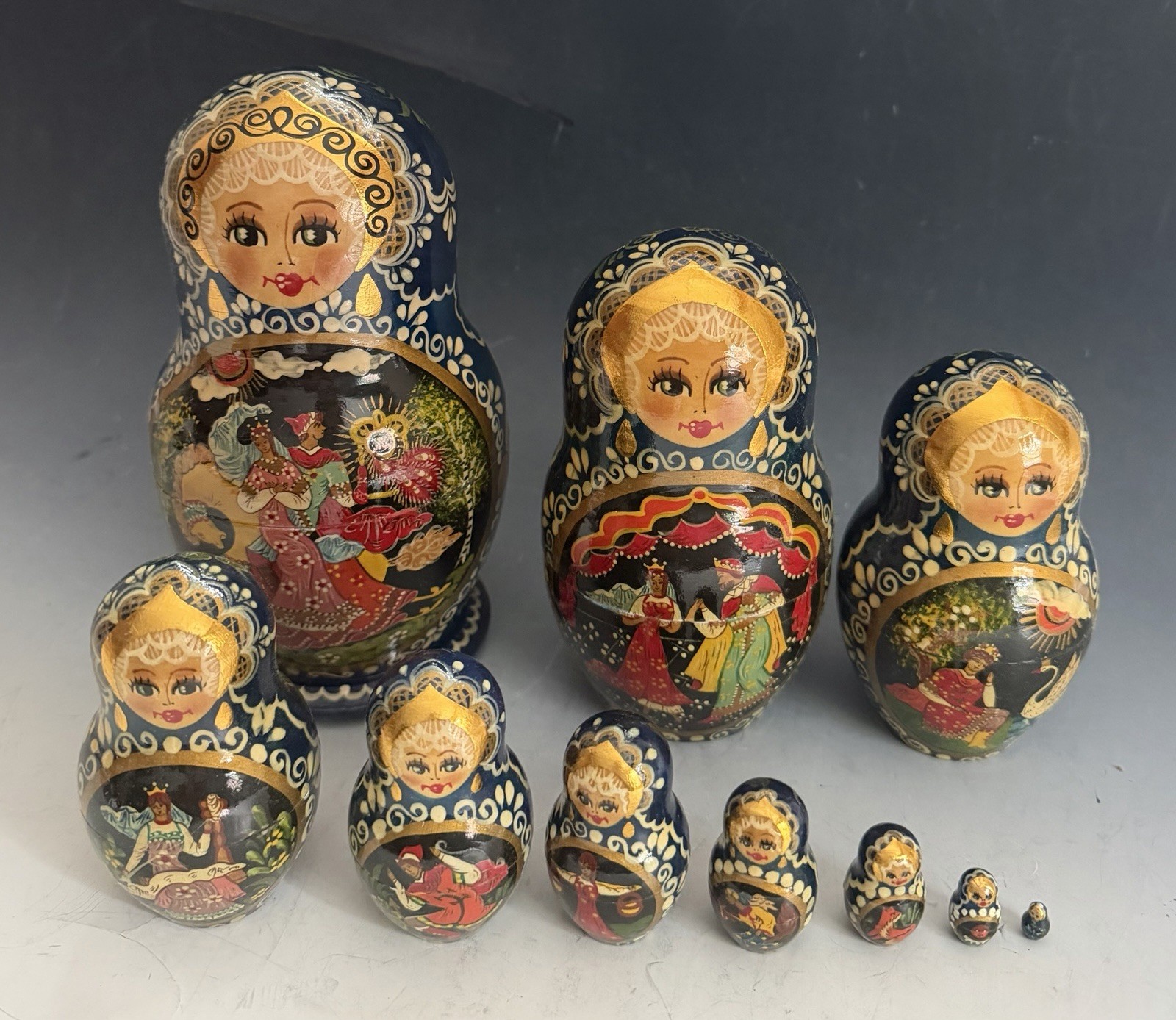 Vtg Signed Fairy Tale 1996 Russian Matryoshka 10 Pc. Nesting Dolls Sergiev Posad