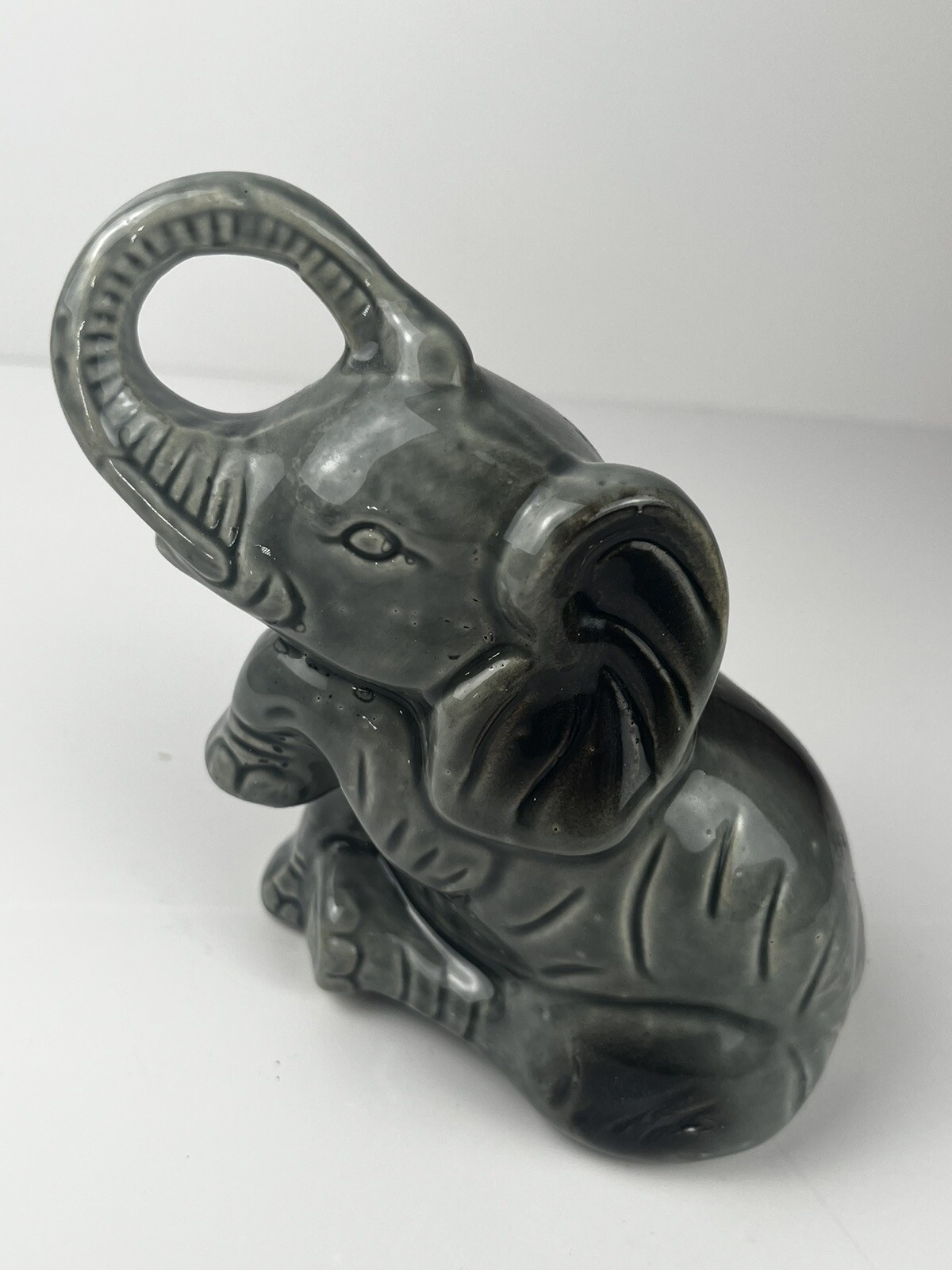 Elephant Sitting Trunk Up Figurine Vtg Handcrafted Brazil Ceramic