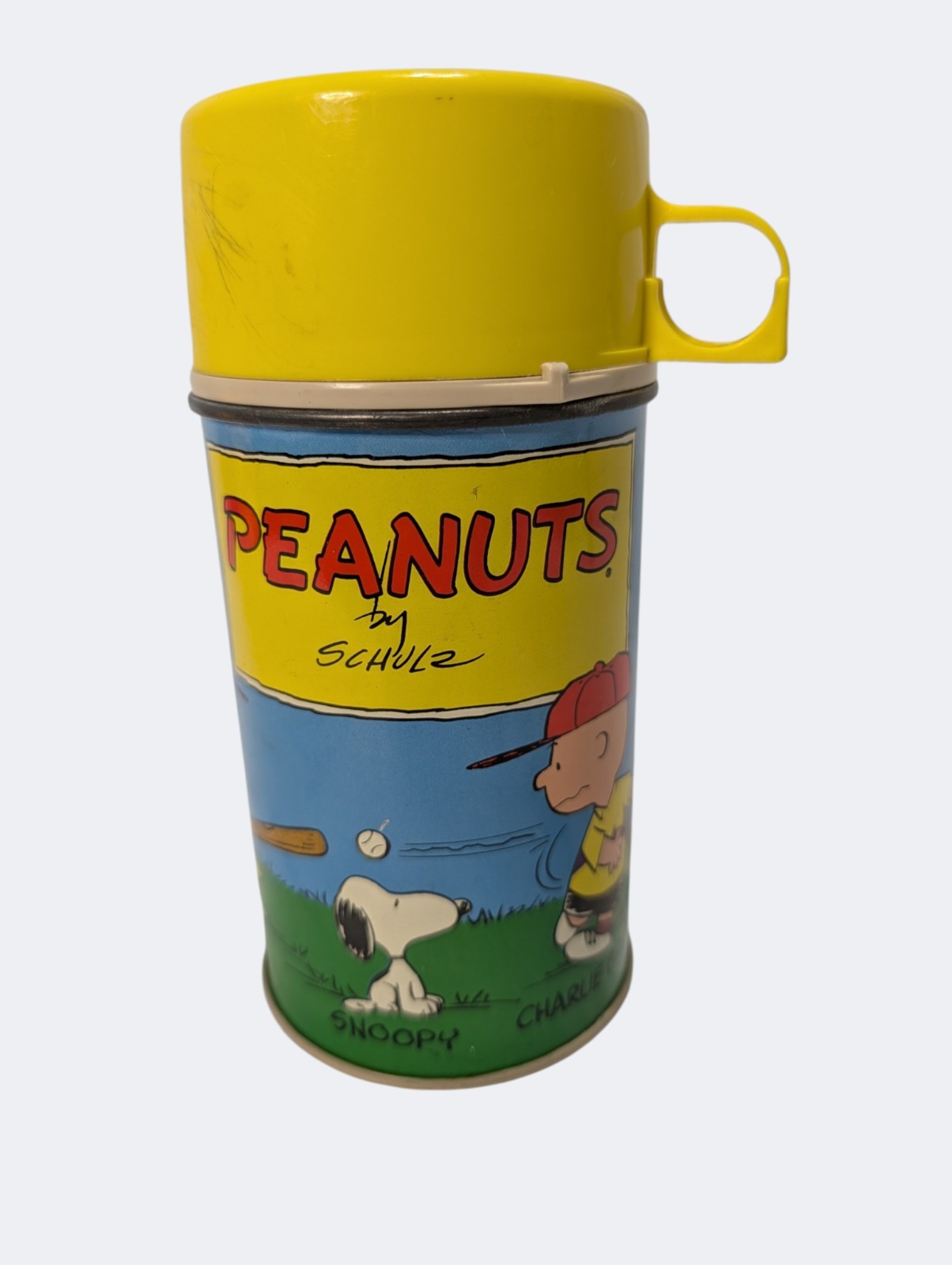 Vintage 1959 Peanuts Charlie Brown Baseball Thermos Yellow Cap King Seeley Metal