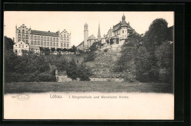 Löbau, I. Civic School and Wendish Church, Postcard 