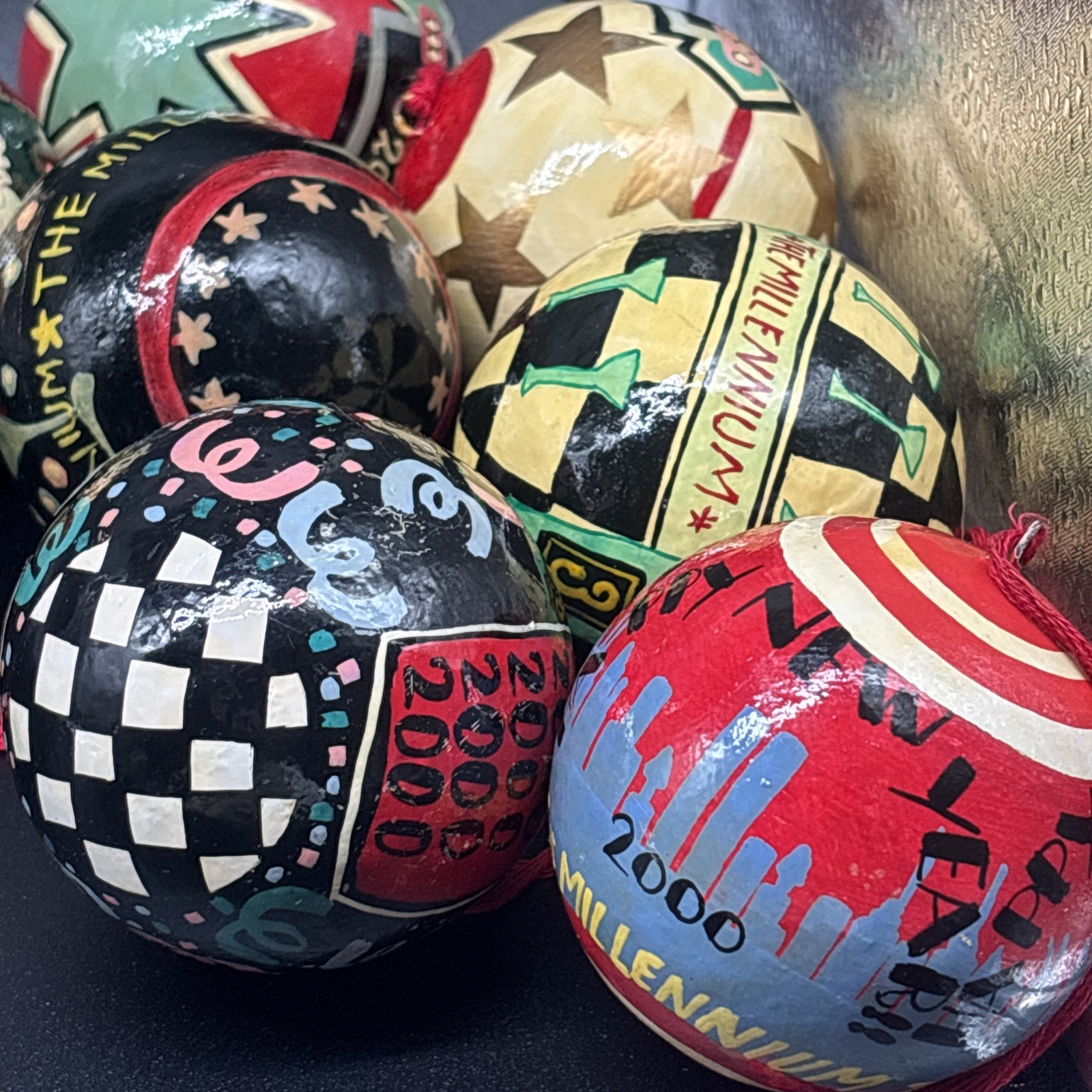 Vtg Set 8 BLOOMINGDALES Y2K Ornaments 2000 Paper Mache Champagne Millennium Vtg Set 8 BLOOMINGDALES Y2K Ornaments 2000 Paper Mache Champagne Millennium