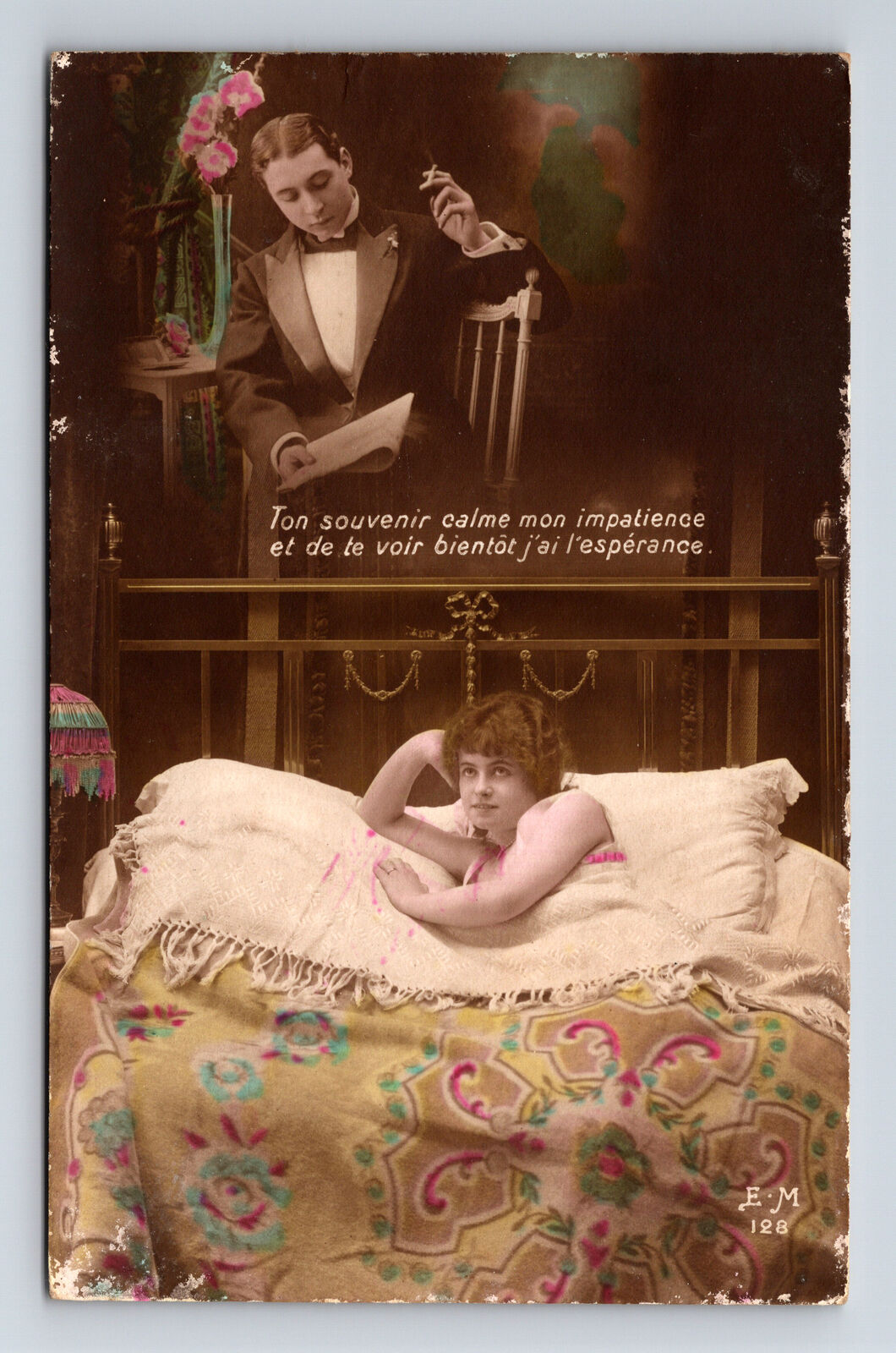 RPPC French Woman Longing For Lover Love Man Woman Postcard