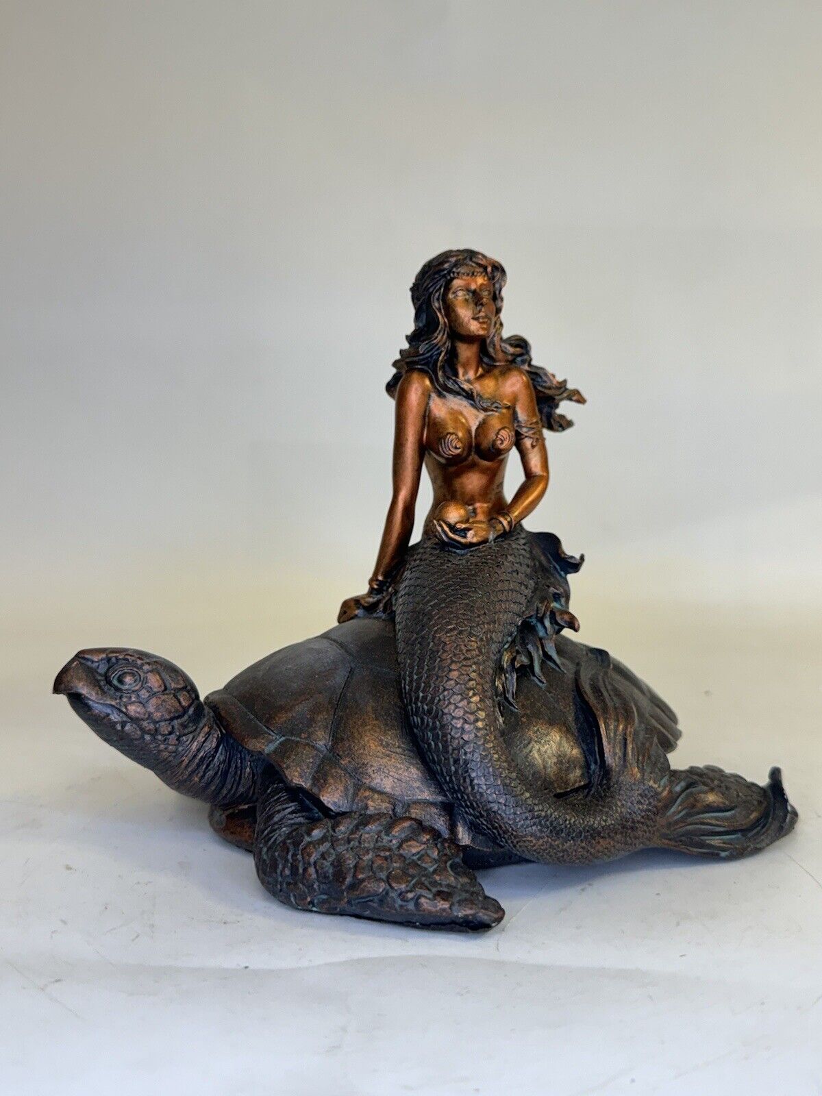 Top Collection Mermaid Holding Pearl on Sea Turtle Statue- Hand Painted Collecti