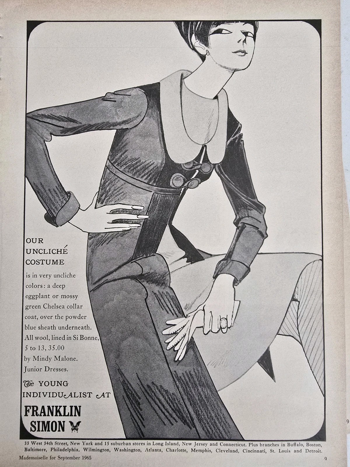 1965 Women\'s Franklin Simon Mindy Malone Dress vintage Fashion Art Ad