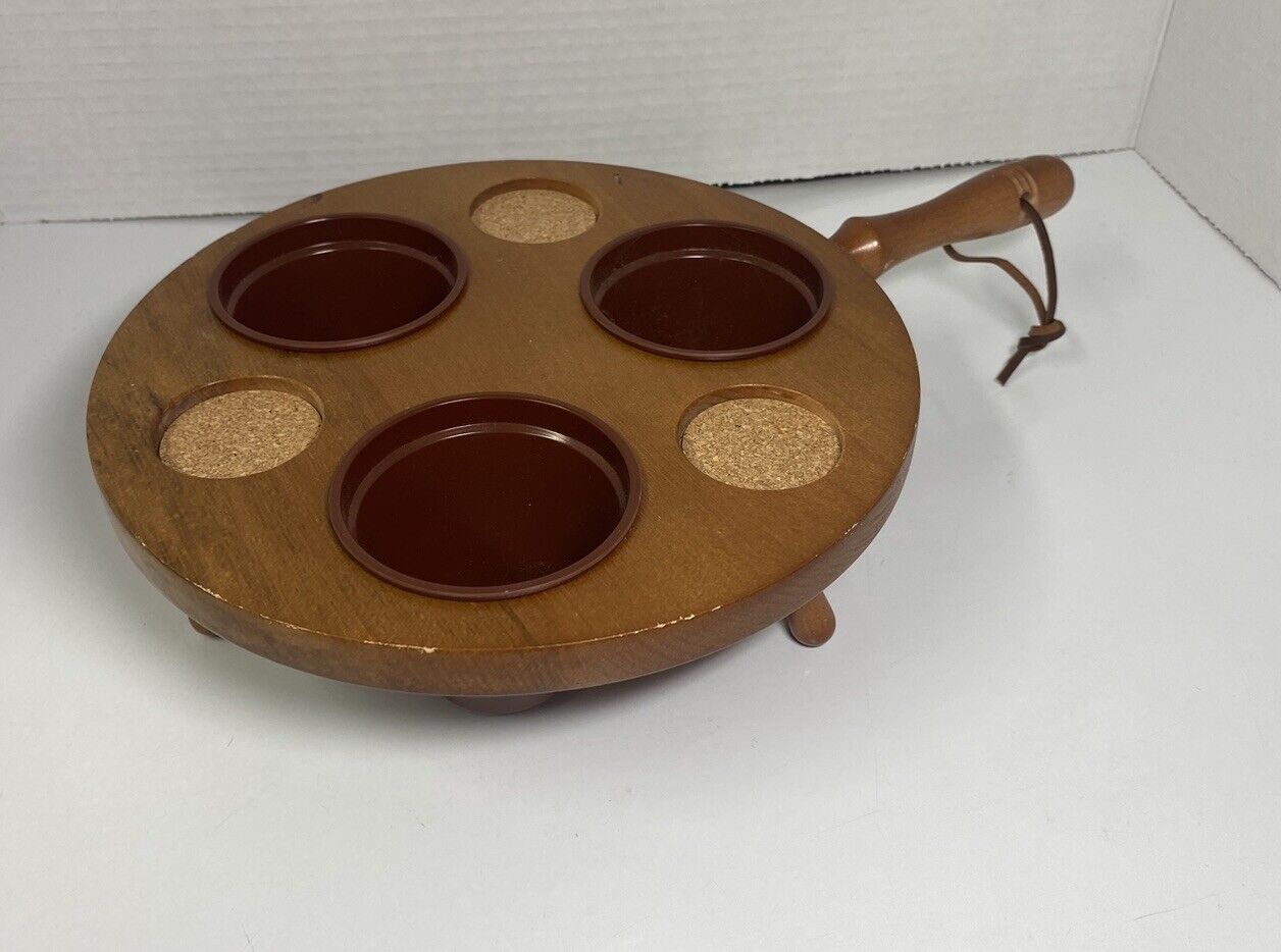 Vintage Enesco Wood tray with plastic cups