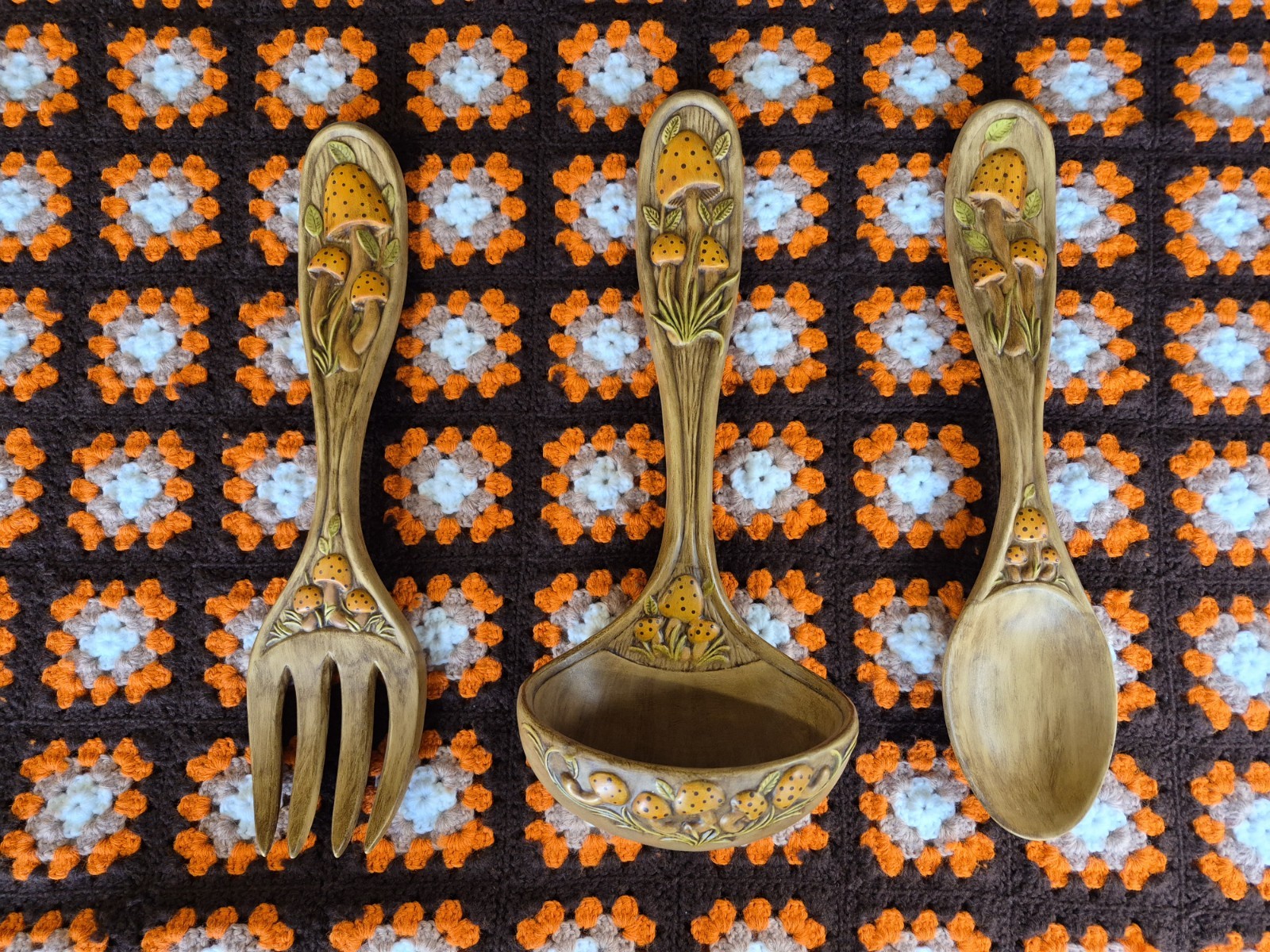 VTG 1980s Groovy Ceramic Mushroom Large Fork Spoon Ladle Wall Hanging Set Of 3