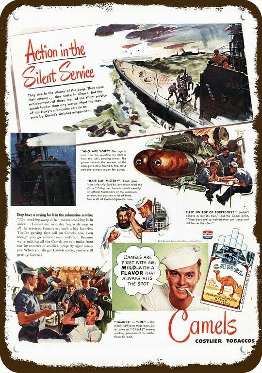 1945 CAMEL CIGARETTES Vintage Look DECORATIVE METAL SIGN US NAVY SUBMARINE TORP 1945 CAMEL CIGARETTES Vintage Look DECORATIVE METAL SIGN US NAVY SUBMARINE TORP