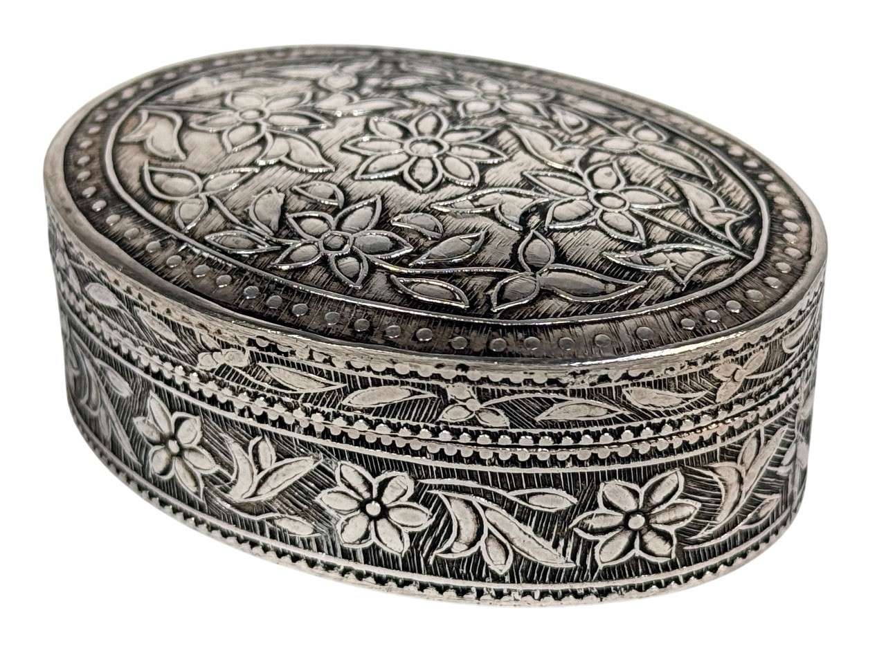 Antique Victorian French Dutch 900 Silver Oval Floral Etched Small Trinket Box