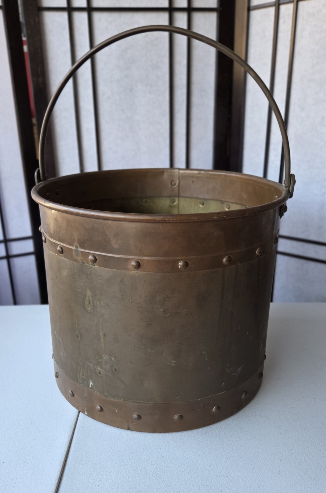 Antique 1920s Copper/Brass Riveted Coal Bucket Pail Original Patina Bail Handle