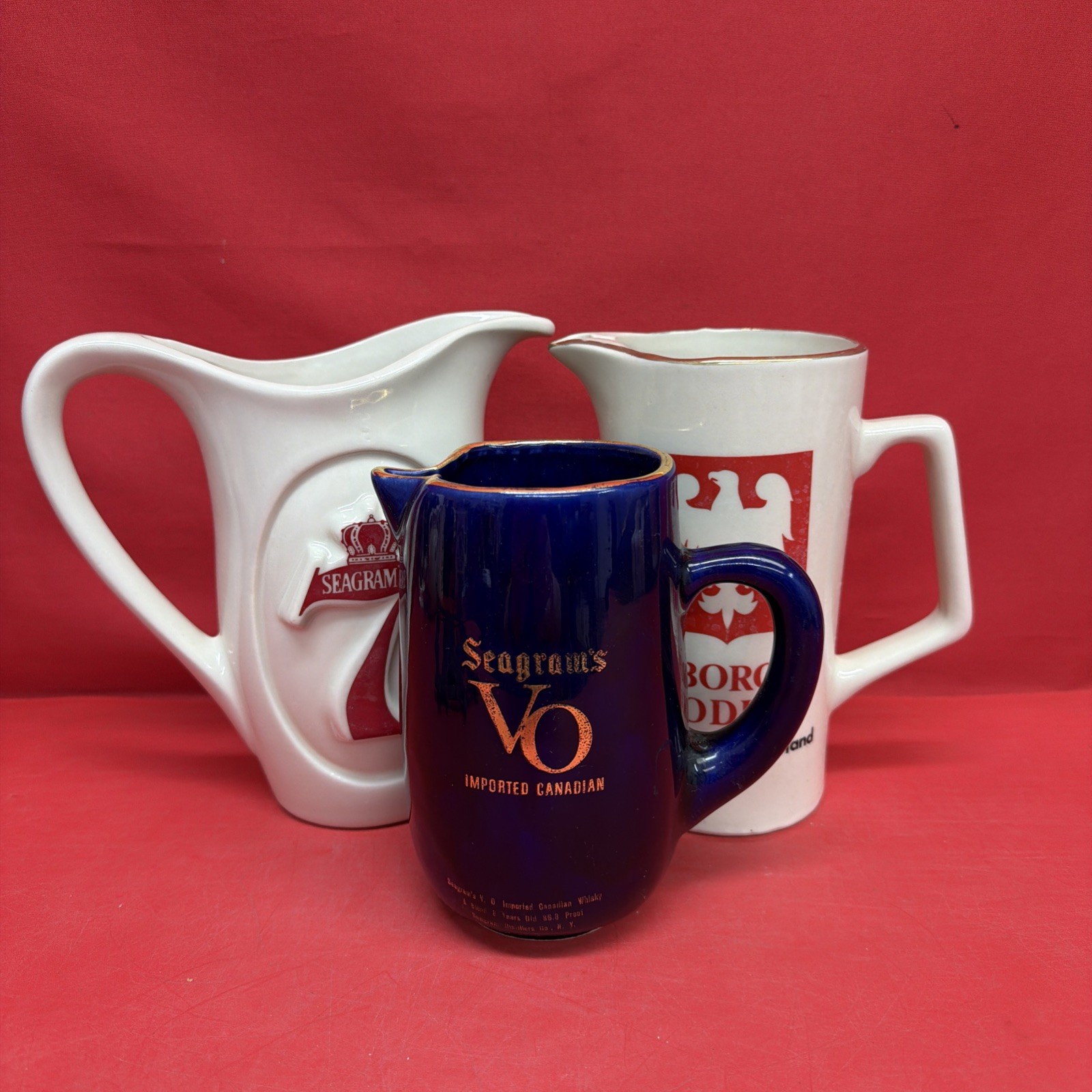 Vintage Advertising Ceramic Pitchers Lot of 3 Seagram’s 7 VO Wyborowa Vodka
